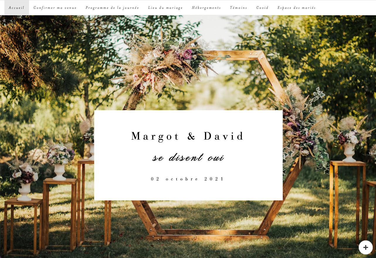 Screenshot of the landing page for the {wedding} app. Custom fonts and a background image make for a striking first impression.
